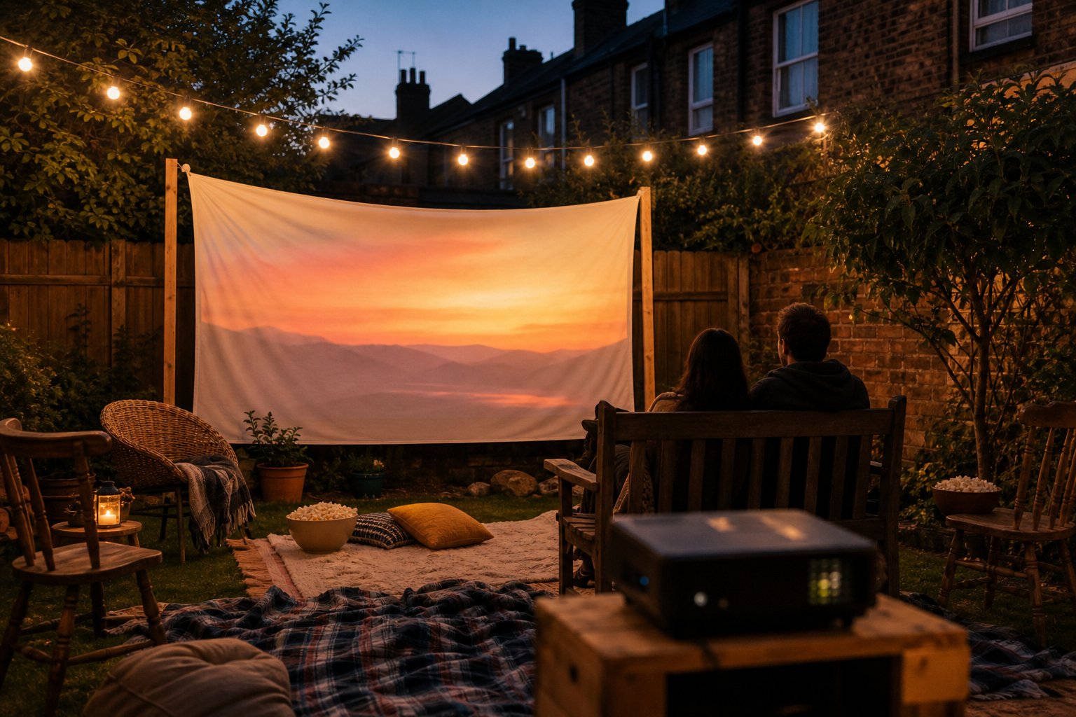 Garden movie night setup in a UK back garden at dusk with bedsheet screen, fairy lights and a small projector