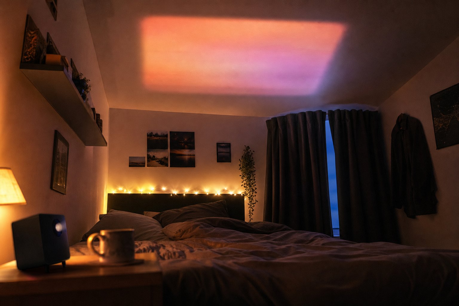 Mini projector on a bedside table casting a warm sunset glow onto a UK bedroom ceiling with fairy lights