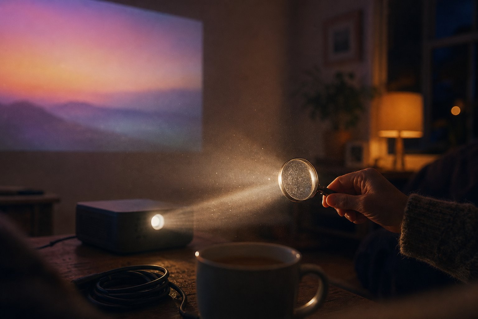 Hand holding a magnifying glass in a mini projector's light beam to inspect resolution, abstract sunset on the wall