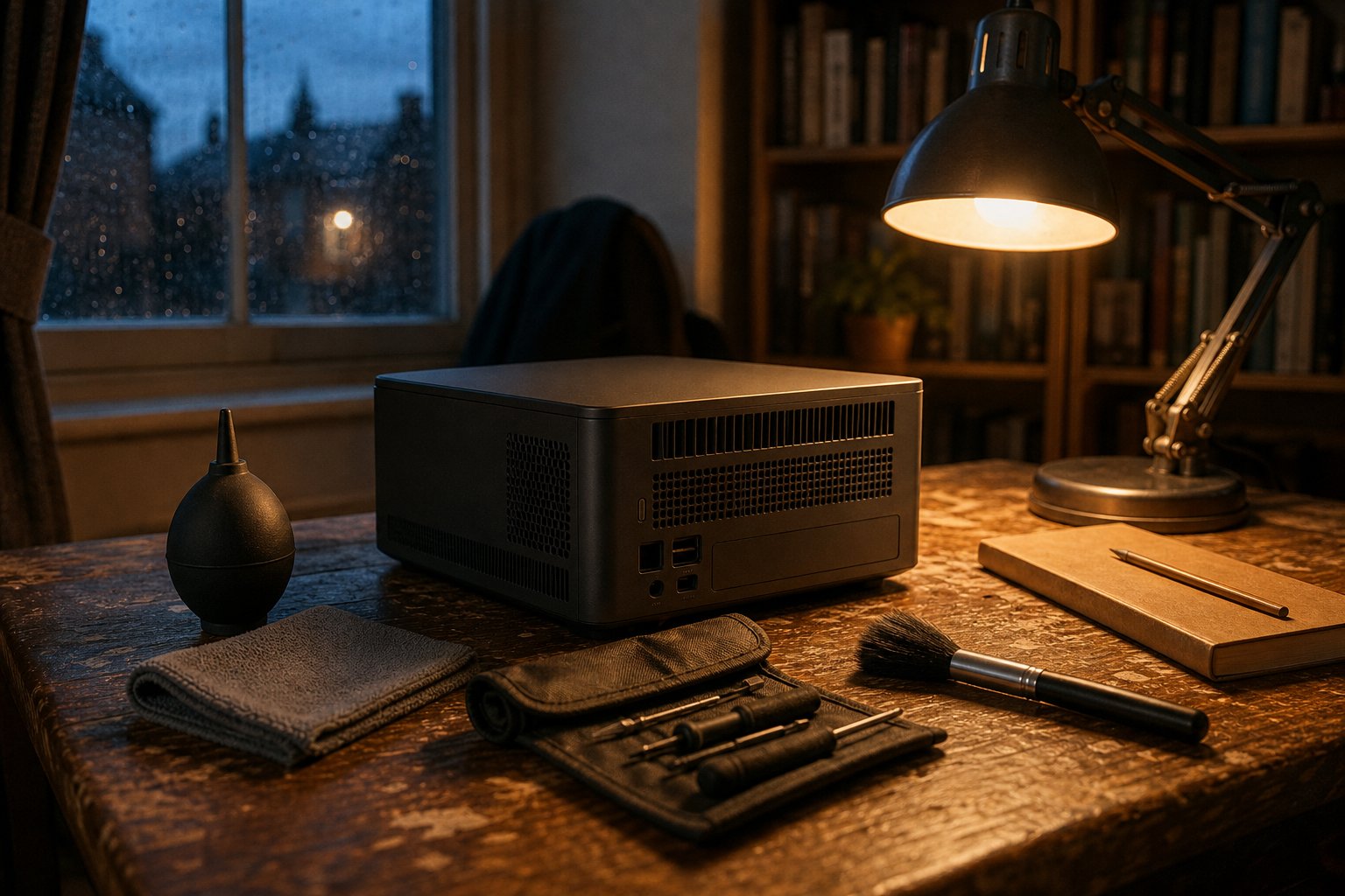 Maintenance bench for HY300 problems — blower, microfibre cloth and screwdrivers beside a small projector's vents