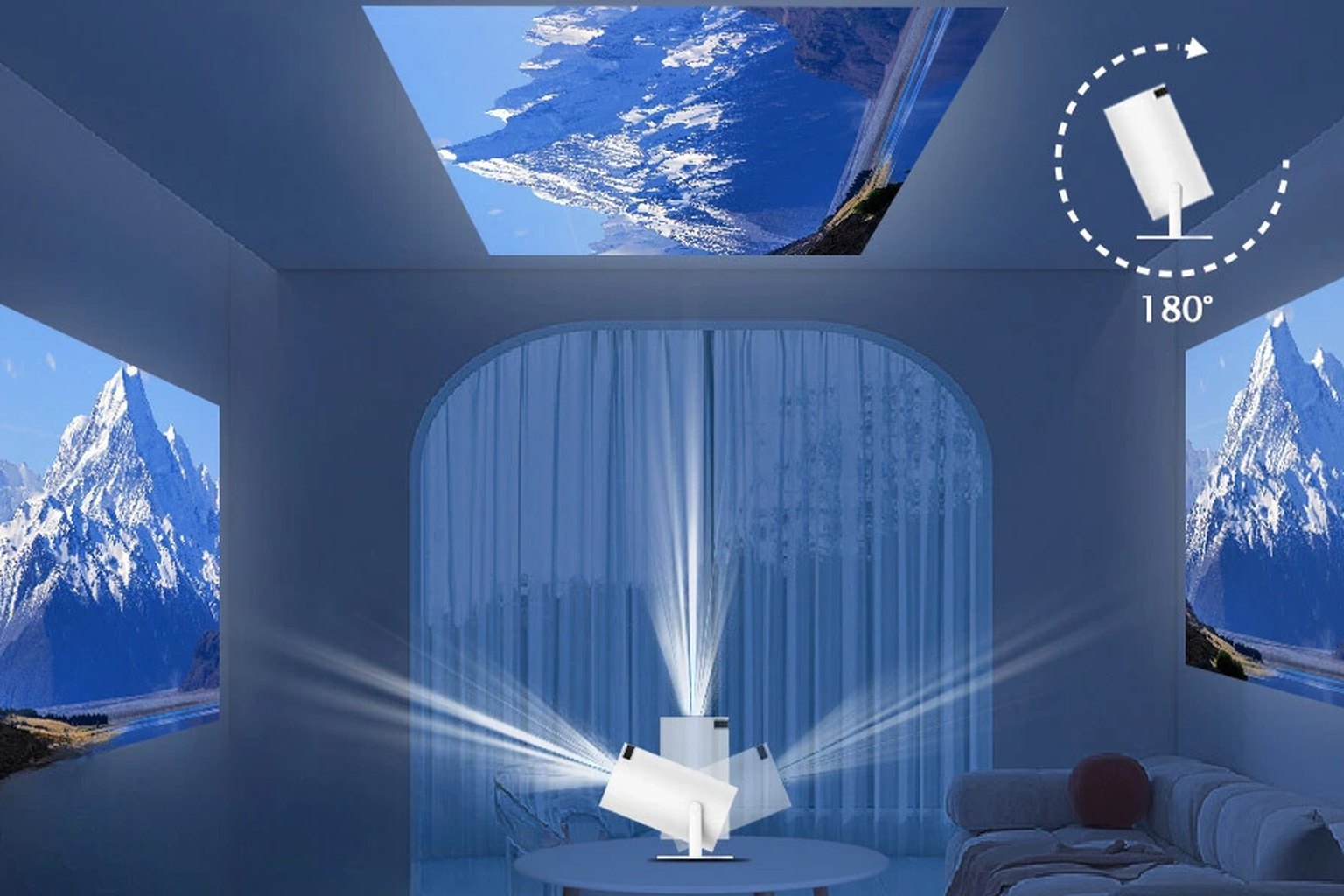 Dim bedroom at night with a film projected softly on the wall beside someone asleep in bed
