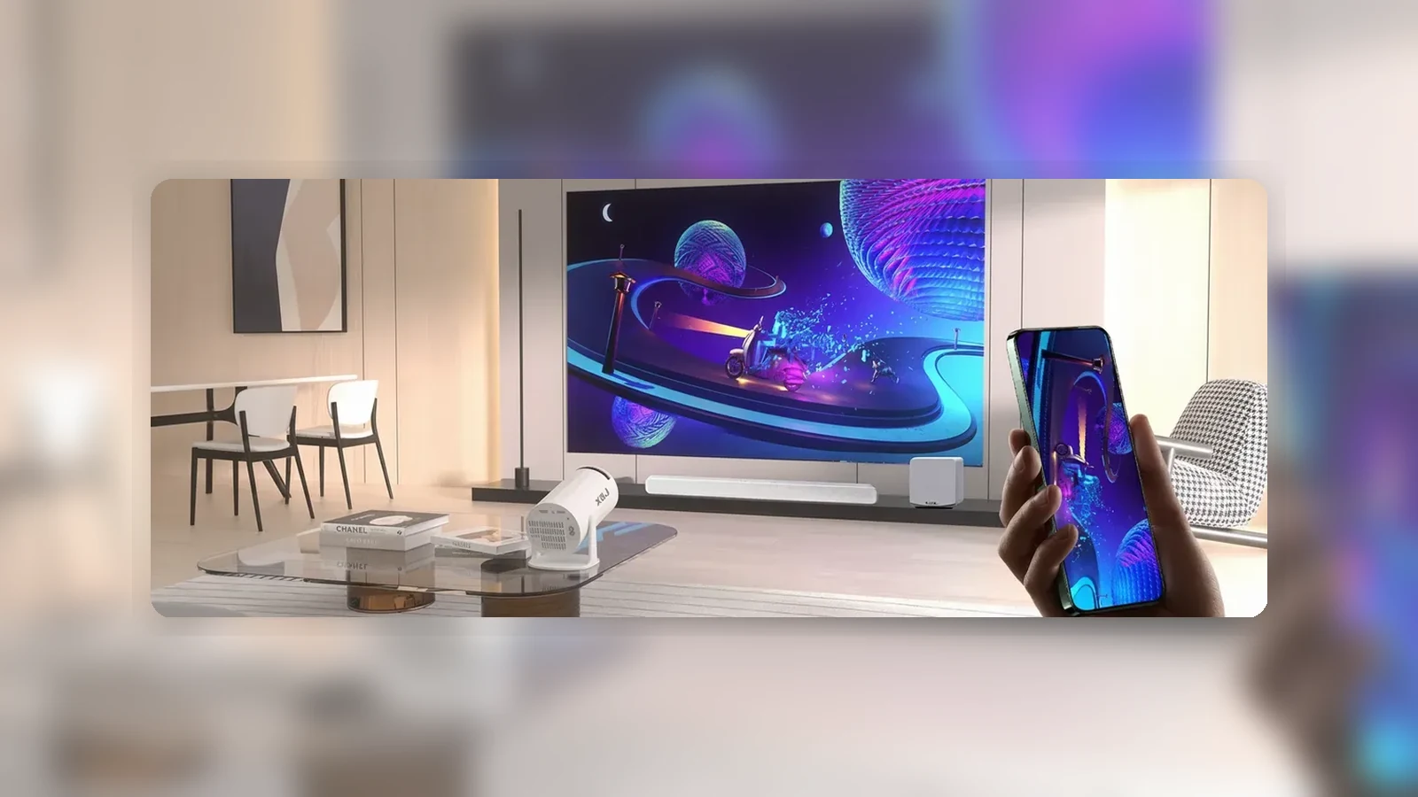 Home media table with projector setup for external audio planning
