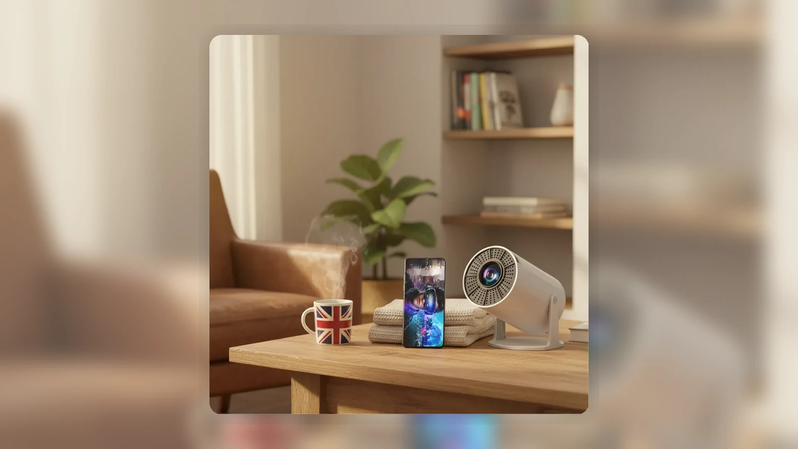 Living room projector setup with a compact projector and table placement