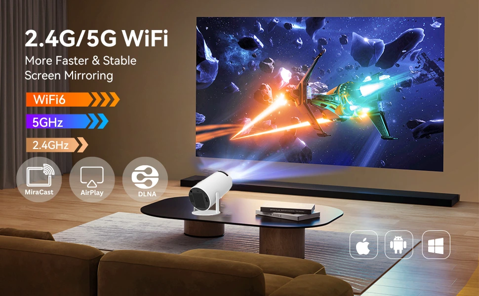 HY300Pro Android projector with dual-band WiFi for home streaming and screen mirroring