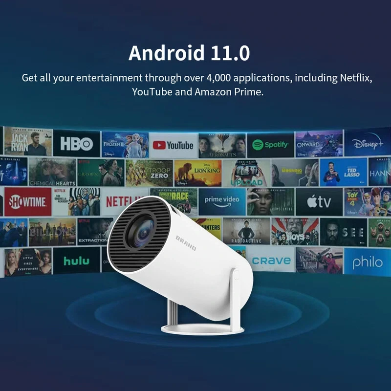 Android 11 projector with built-in streaming apps and online entertainment interface for movies and TV shows