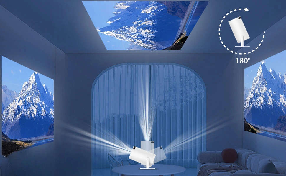 HY300Pro projector with 180 degree stand for wall and ceiling projection