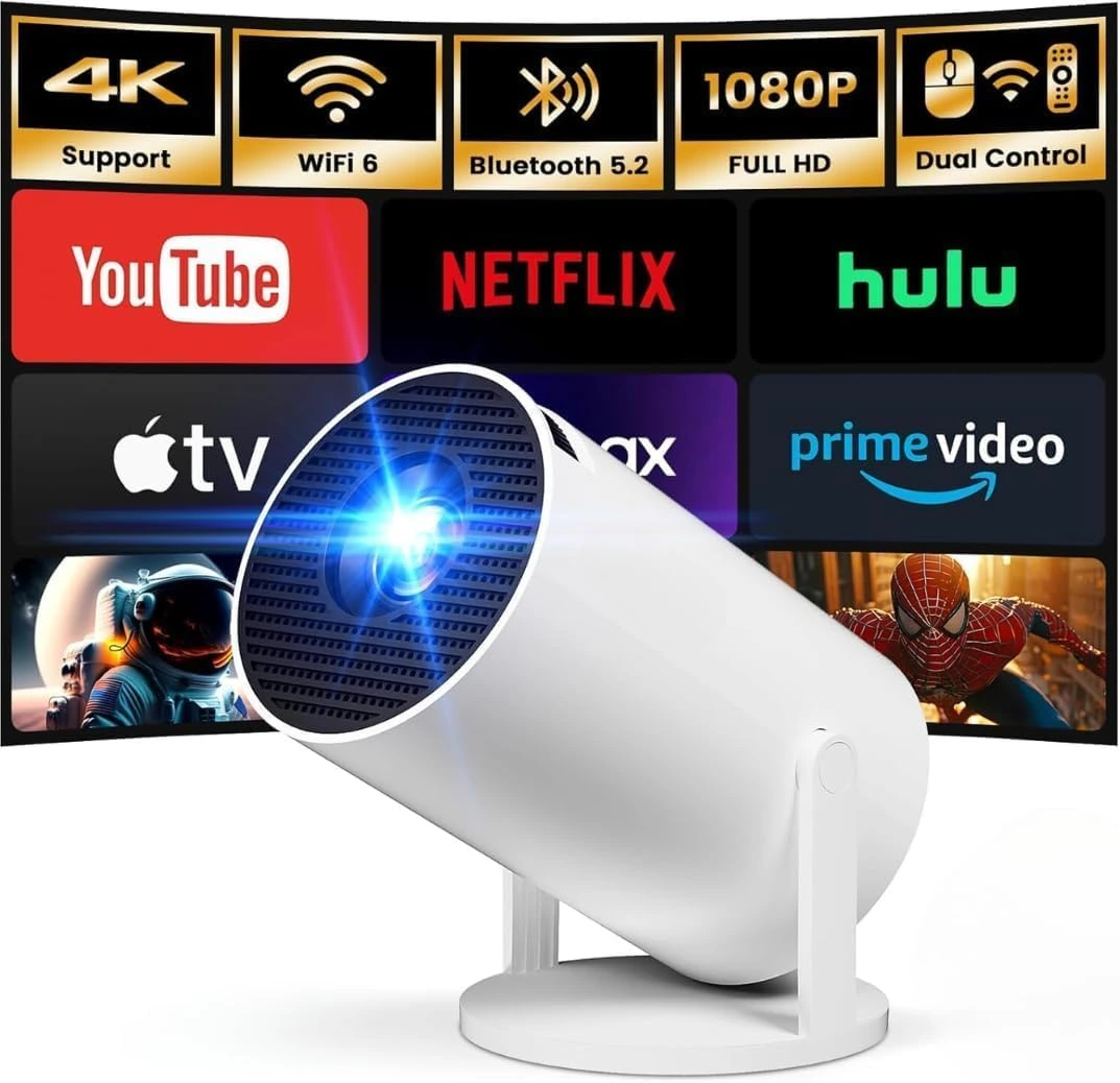 White Android smart projector with built-in streaming apps including YouTube, Netflix, Prime Video, Hulu and other compatible apps