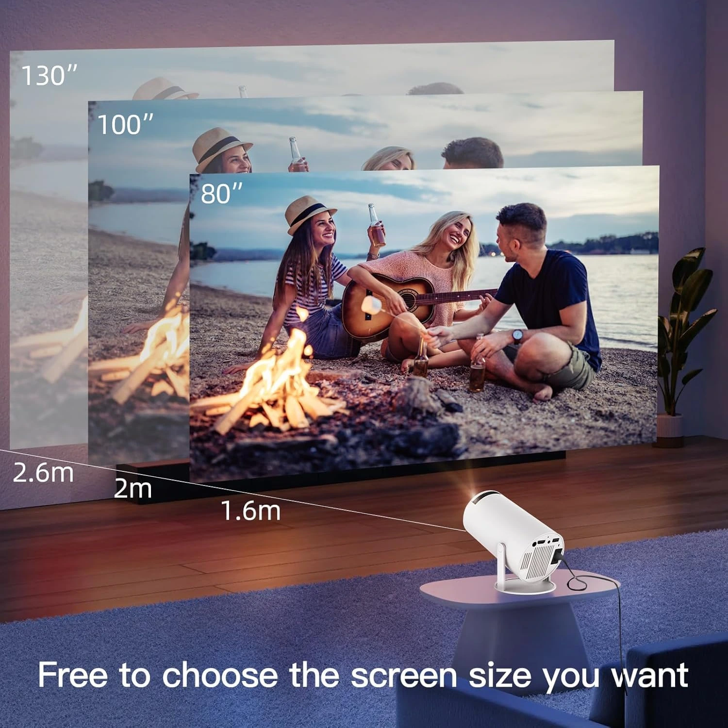 HY300Pro Android projector with adjustable screen size for home theatre viewing