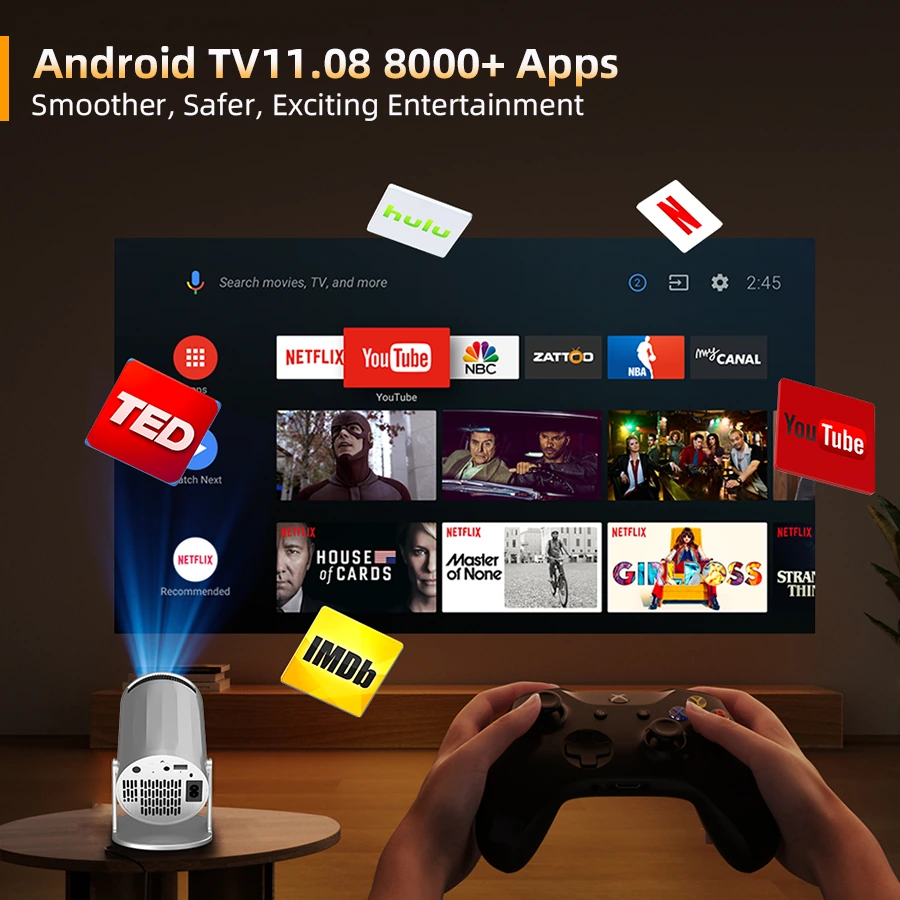 Android smart projector with Android TV 11.0, 8000+ built-in apps, smartphone screen mirroring and wireless control for home entertainment