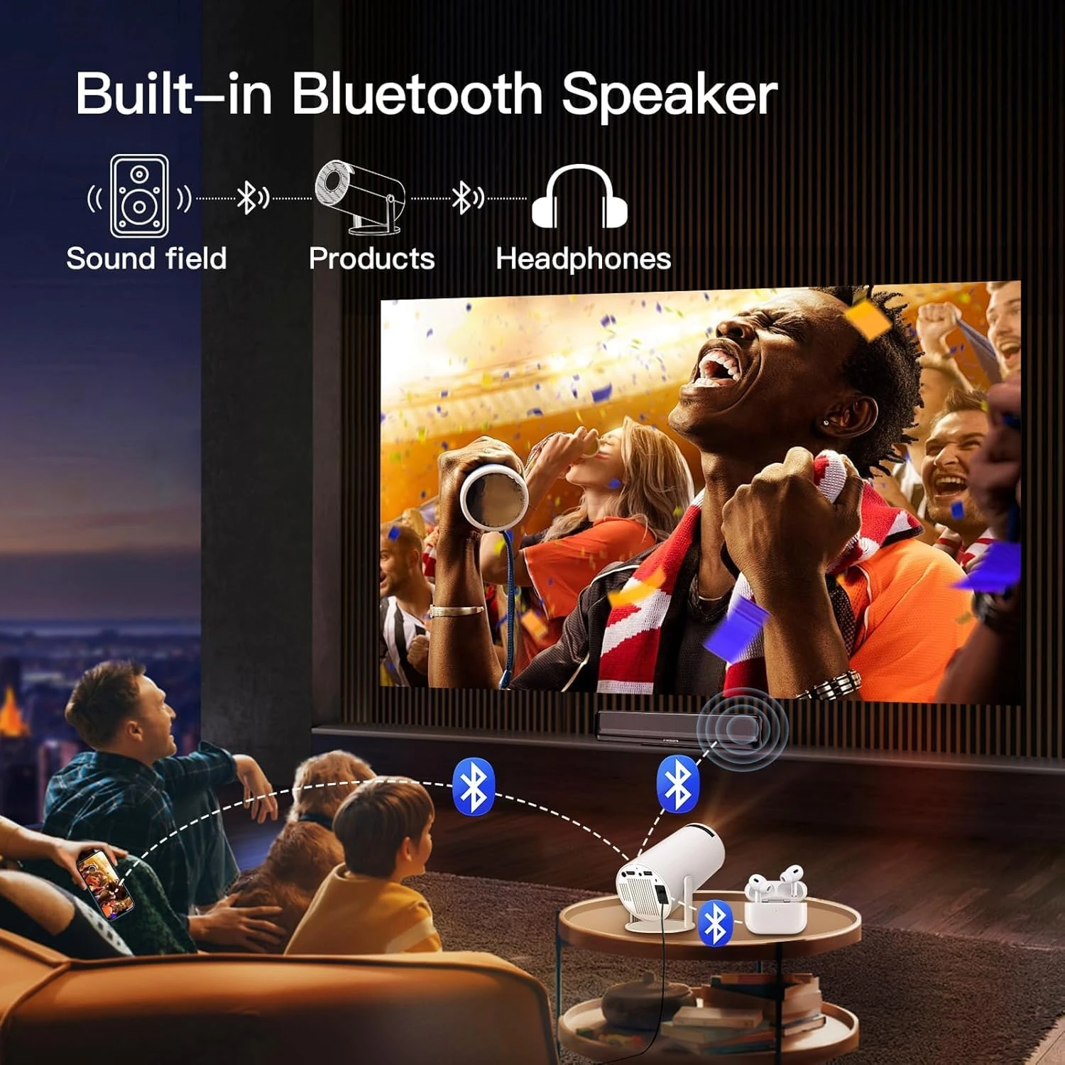 Android projector with built-in Bluetooth speaker for indoor and outdoor movie nights with phones, tablets and headphones