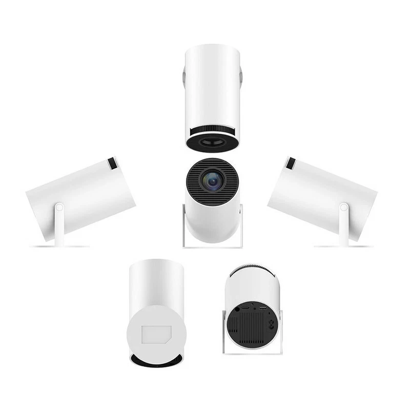 HY300Pro projector shown from multiple angles with compact cylindrical design
