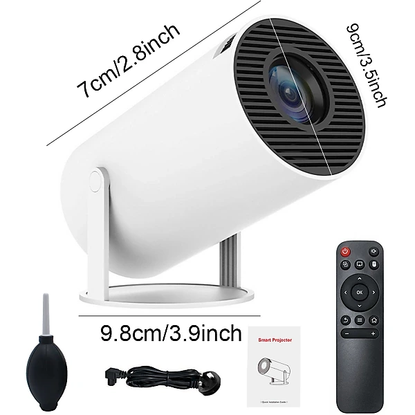 HY300Pro projector accessories with remote control, power cable, user manual and compact size guide