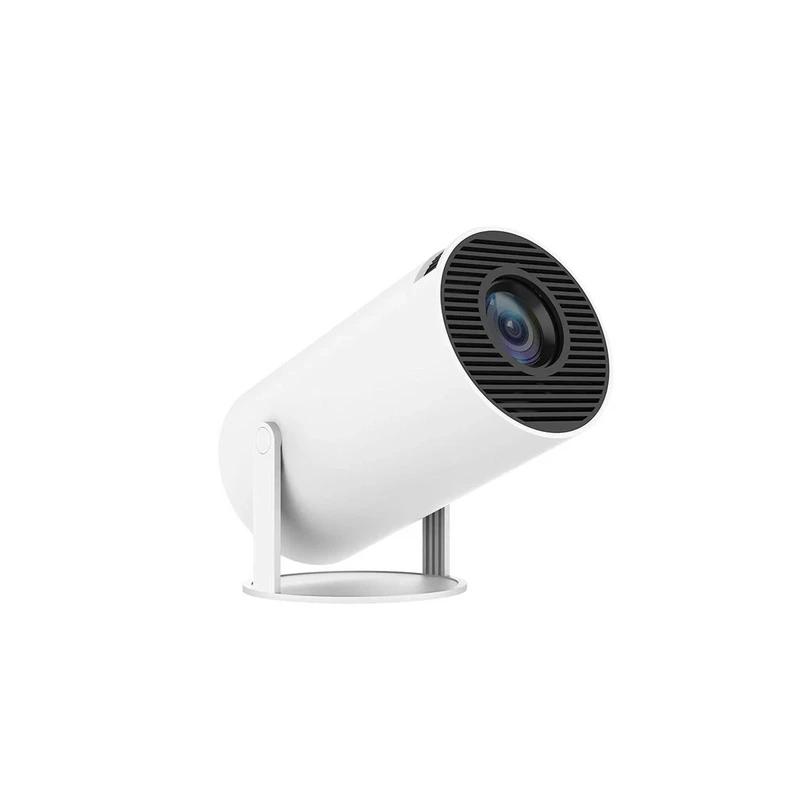 HY300Pro Android mini projector with white body and 180 degree adjustable stand