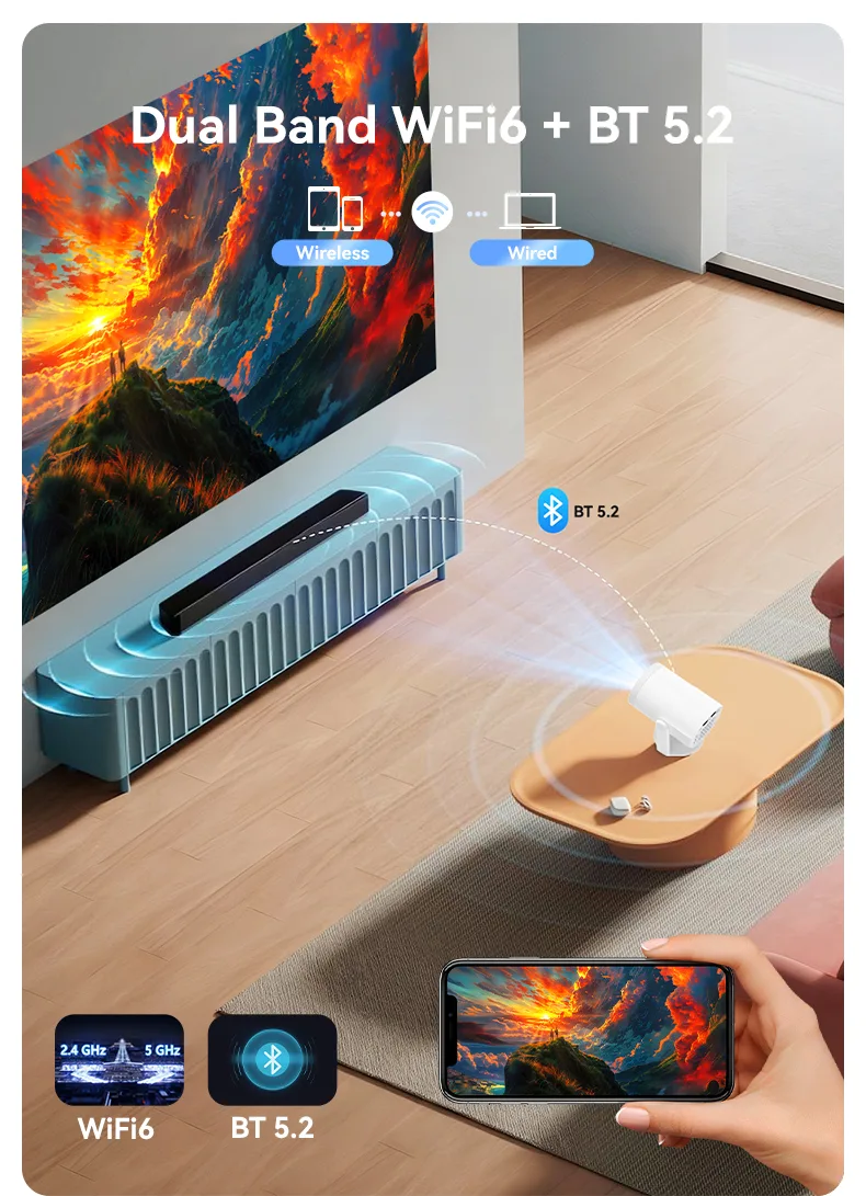 TURN1 Android 14 projector with dual-band WiFi for home streaming and screen mirroring